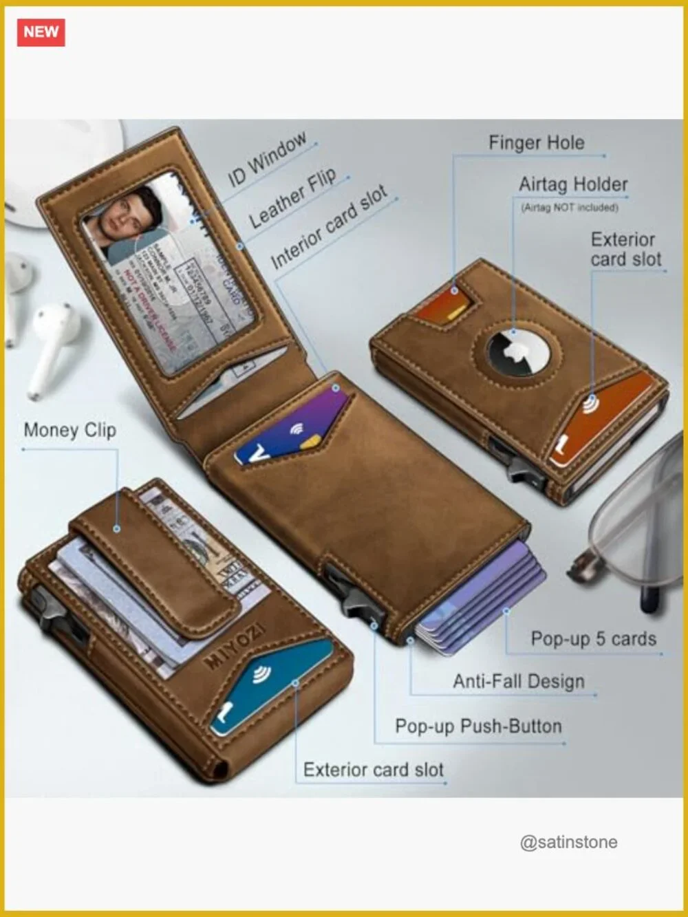 Pop-Up Airtag Wallet with Money Clip RFID Blocking Leather Flip